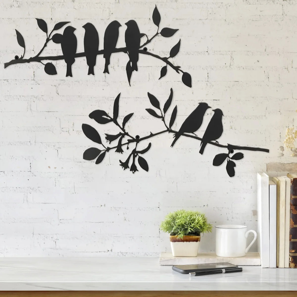 2Pcs Metal Birds on a Branch Wall Art