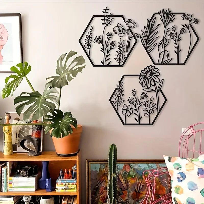 3pcs Black Metal Hexagon Flower Wall Art
