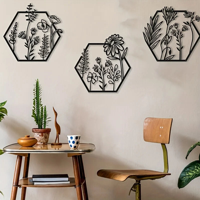 3pcs Black Metal Hexagon Flower Wall Art