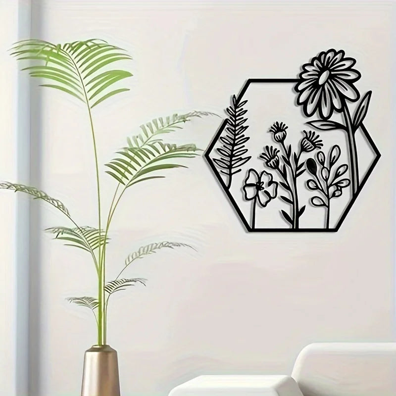 3pcs Black Metal Hexagon Flower Wall Art