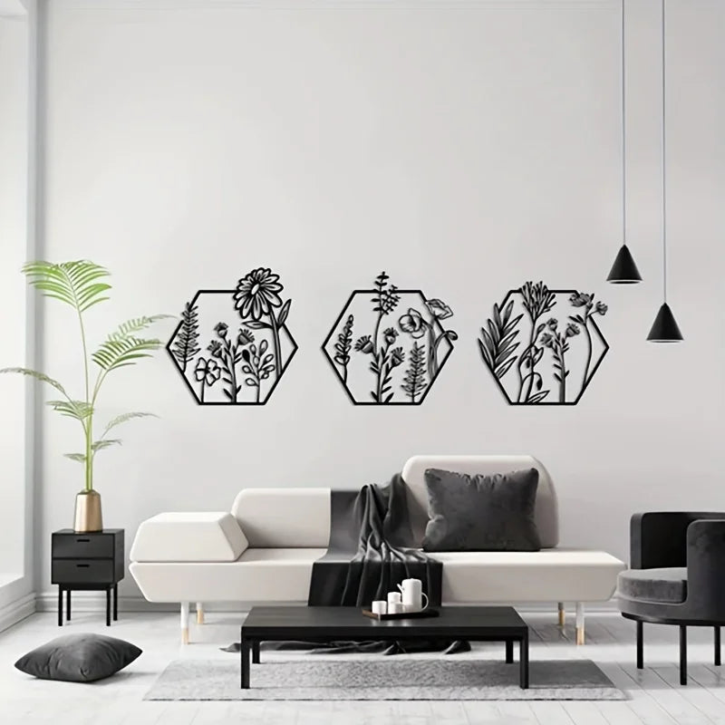 3pcs Black Metal Hexagon Flower Wall Art