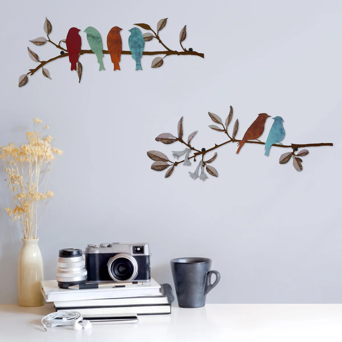 2Pcs Metal Birds on a Branch Wall Art