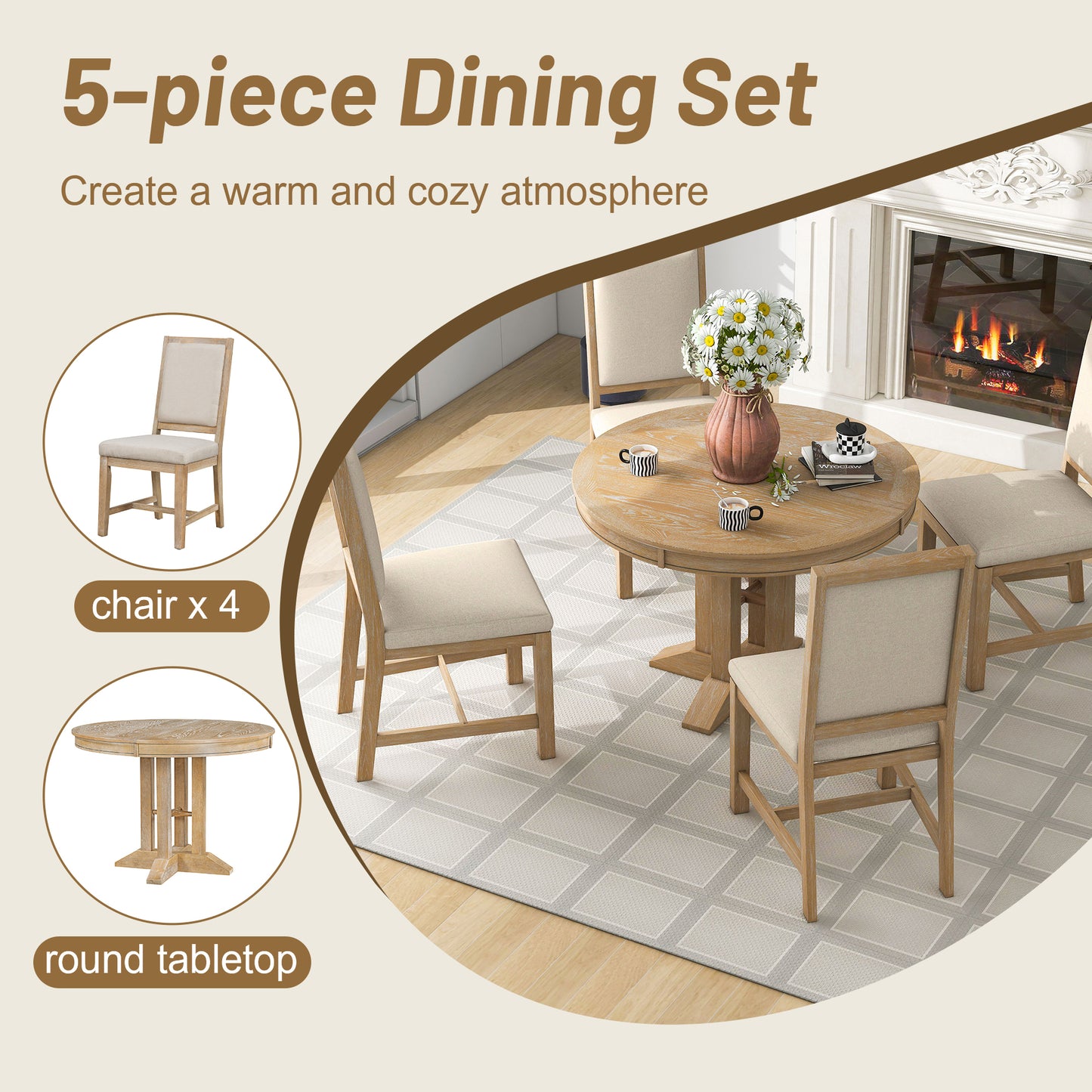 Natural 5-Piece Extendable Round Table and 4 Upholstered Chairs