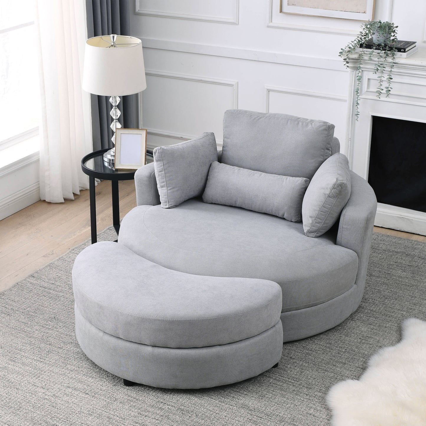 Grey Linen Swivel Accent Barrel Chair with Storage Ottoman