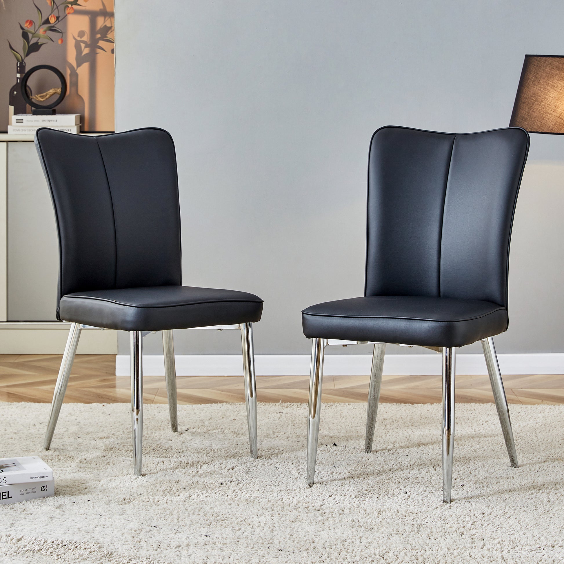 Modern Minimalist Dining Chairs, Black PU Leather – Set of 2