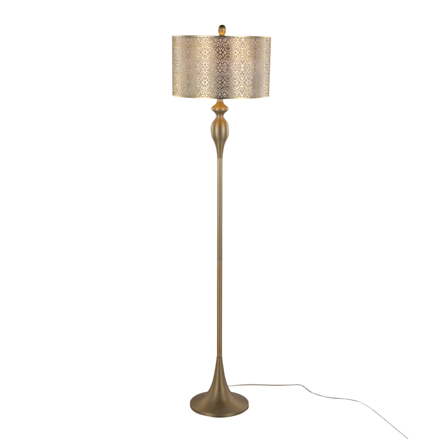 Gold Metal with Laser Cut Metal and Off-White Linen Shade Floor Lamp