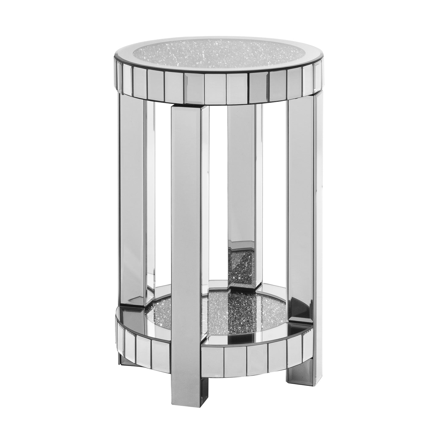 Round Mirrored End Table with Crystal Inlay