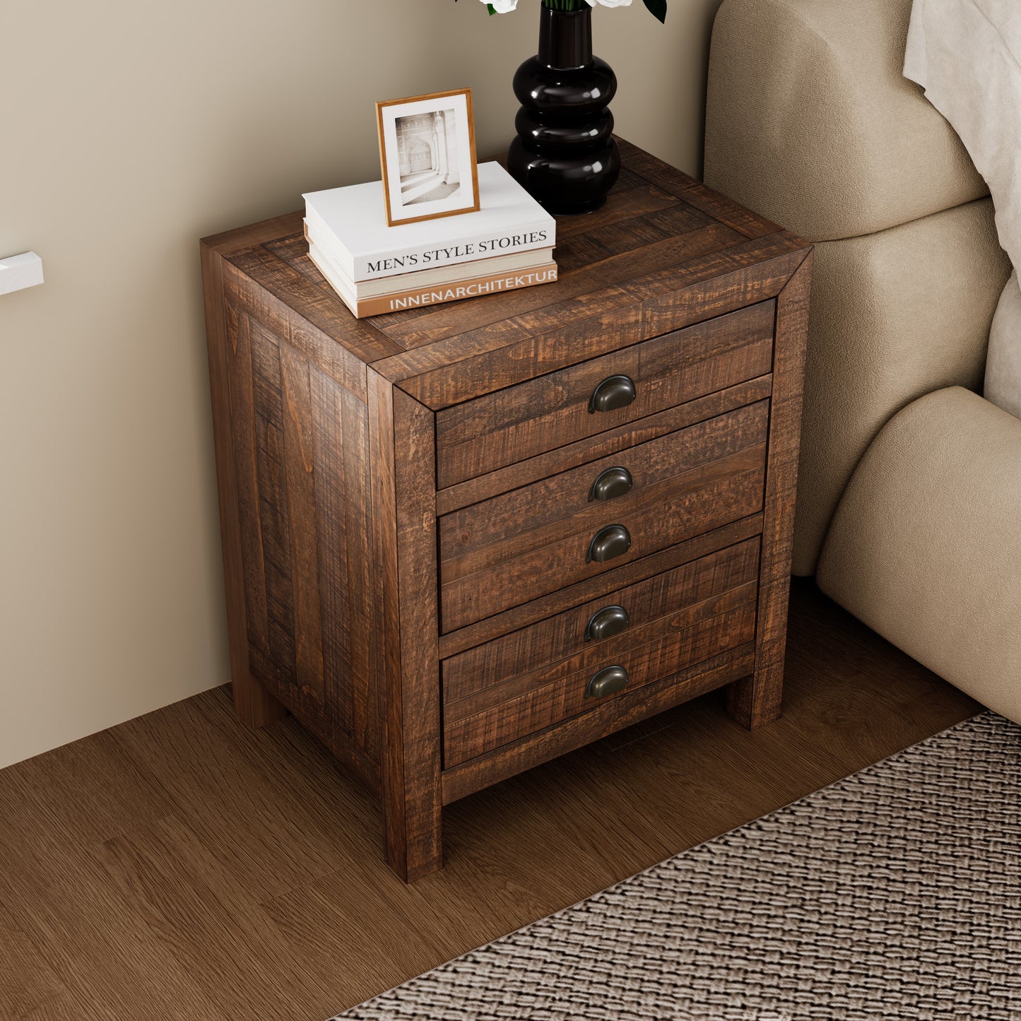 Rustic 3-Drawer Pine Wood Nightstand