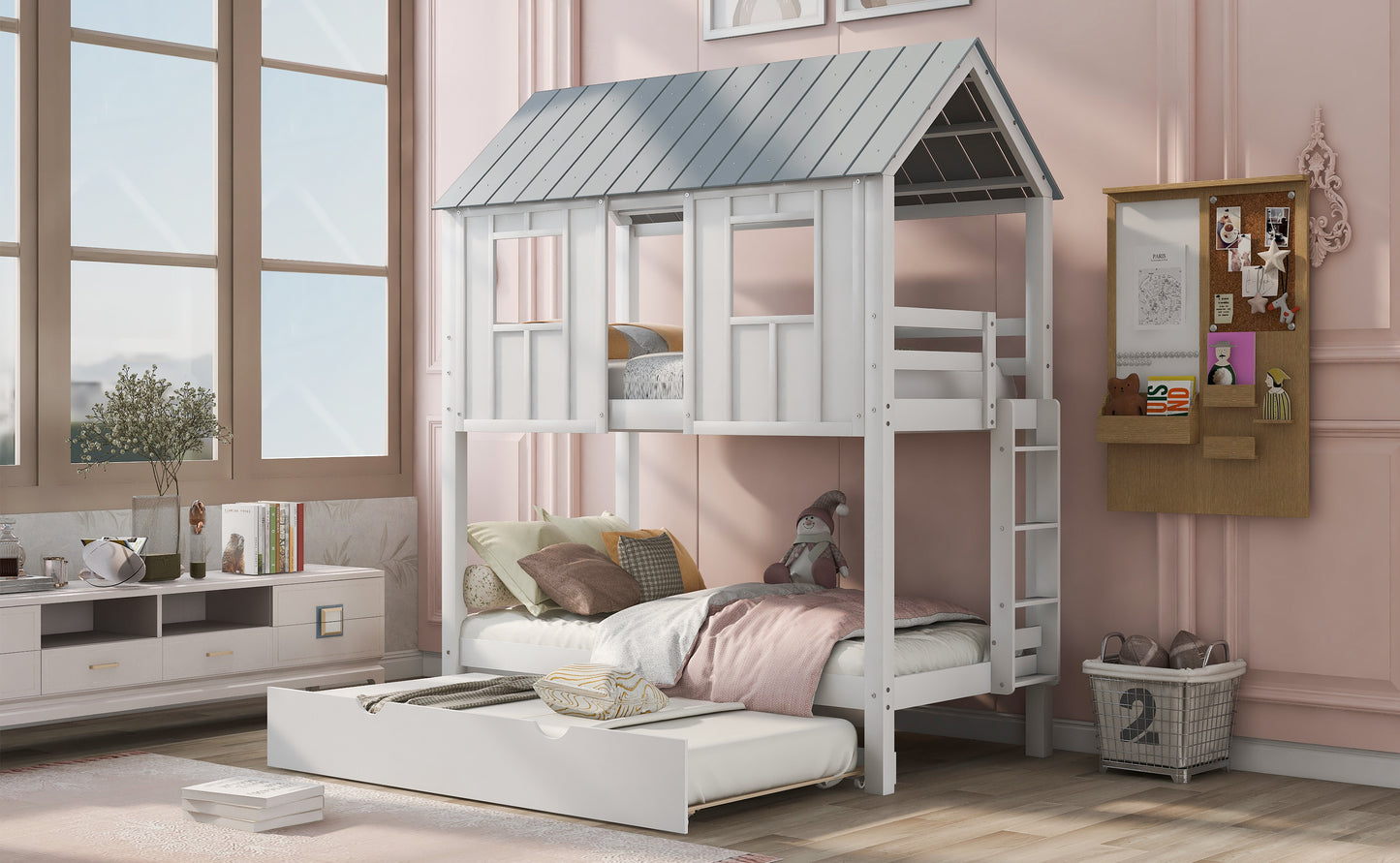 White & Grey House Bunk Bed with Trundle