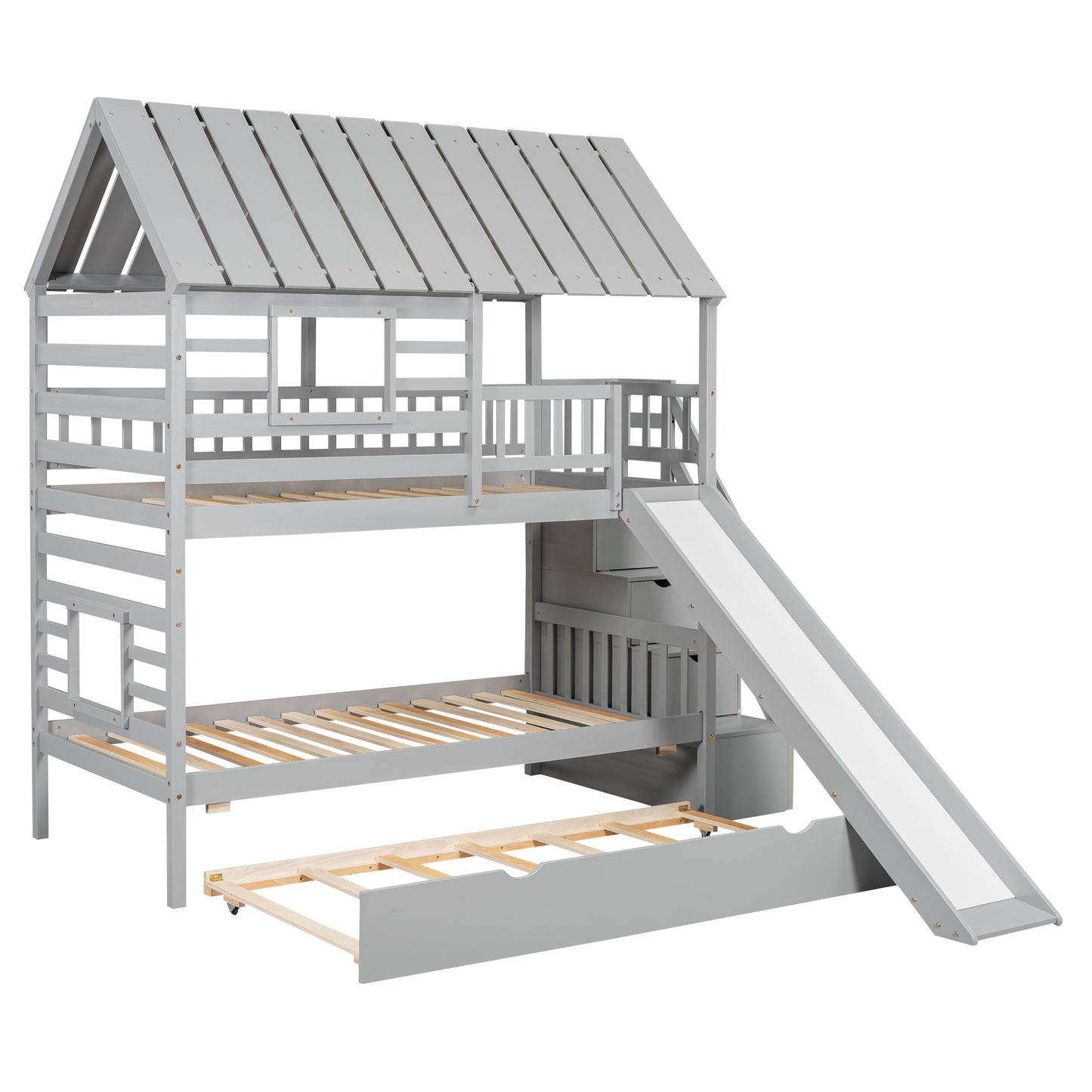 Grey Twin Town House Bunk Bed with Trundle and Slide