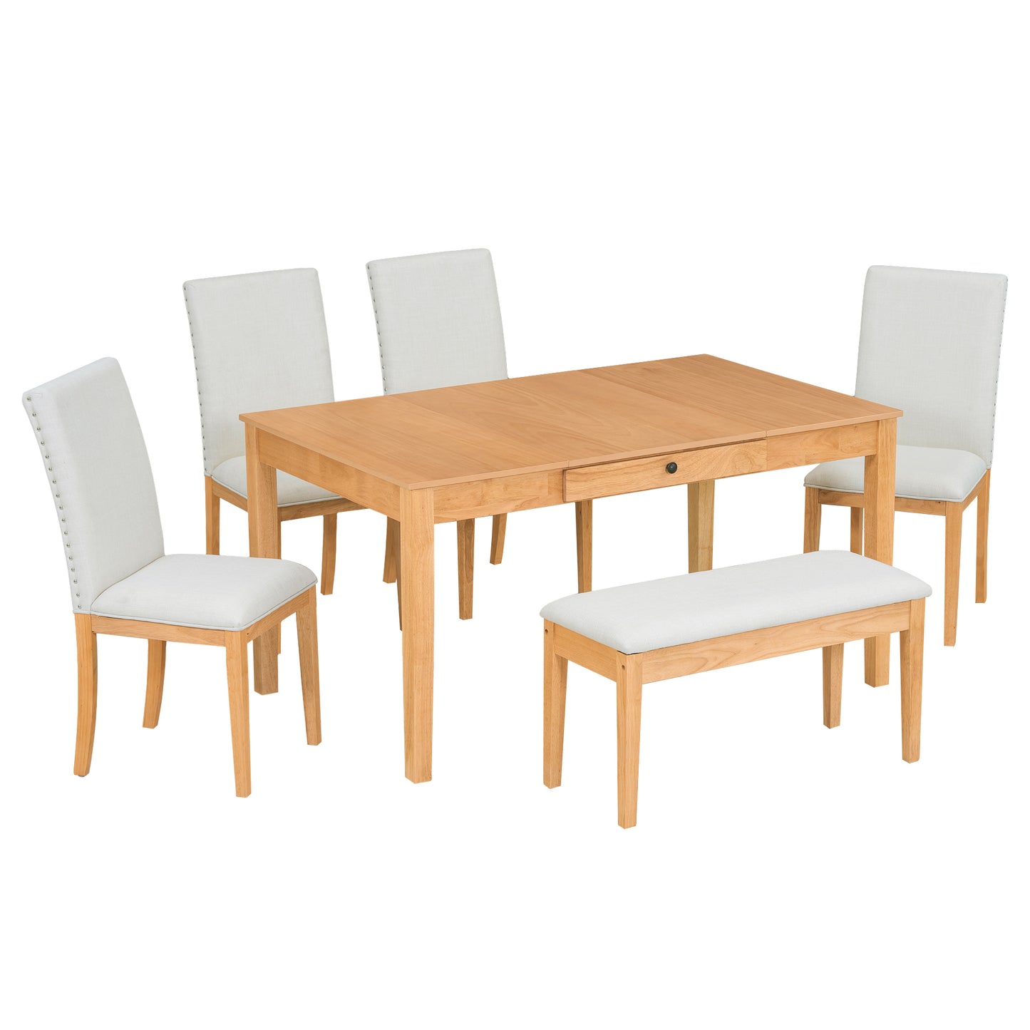 Natural Rubberwood 6-Piece Dining Table Set with Storage