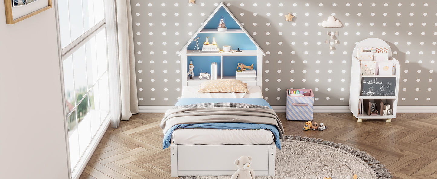 White & Blue House-Shaped Twin Bed with Bookcase Headboard