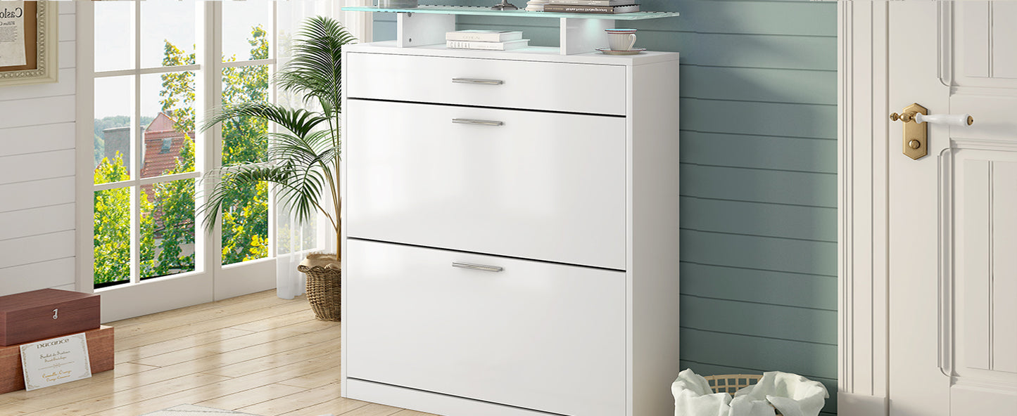 LED White Shoe Cabinet with 2 Flip Drawers