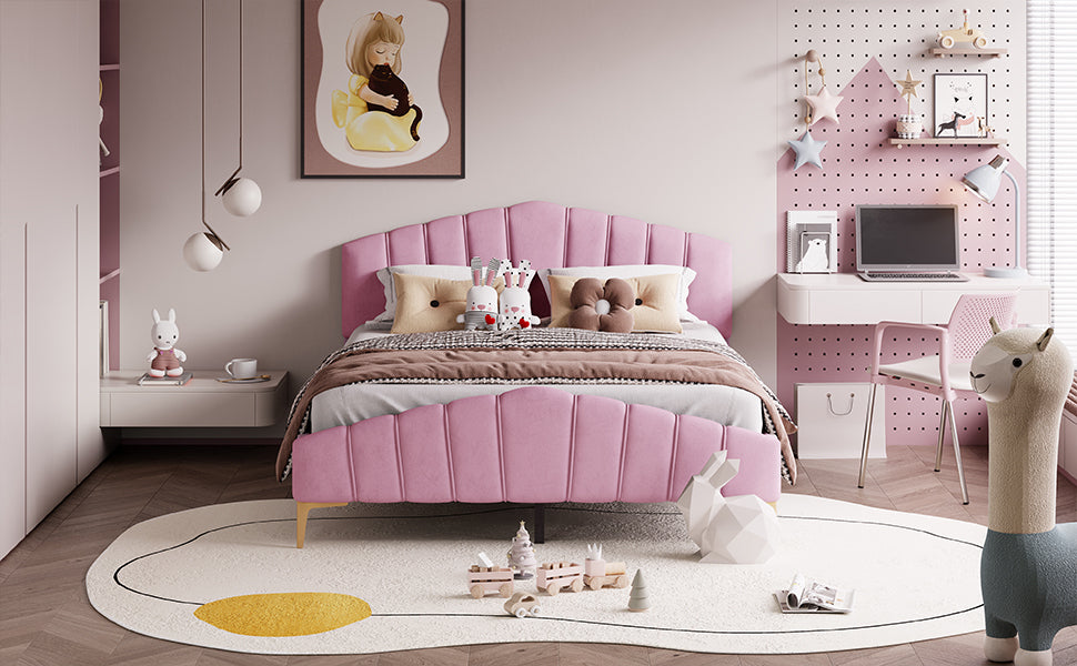 Queen Size Pink Velvet Platform Bed