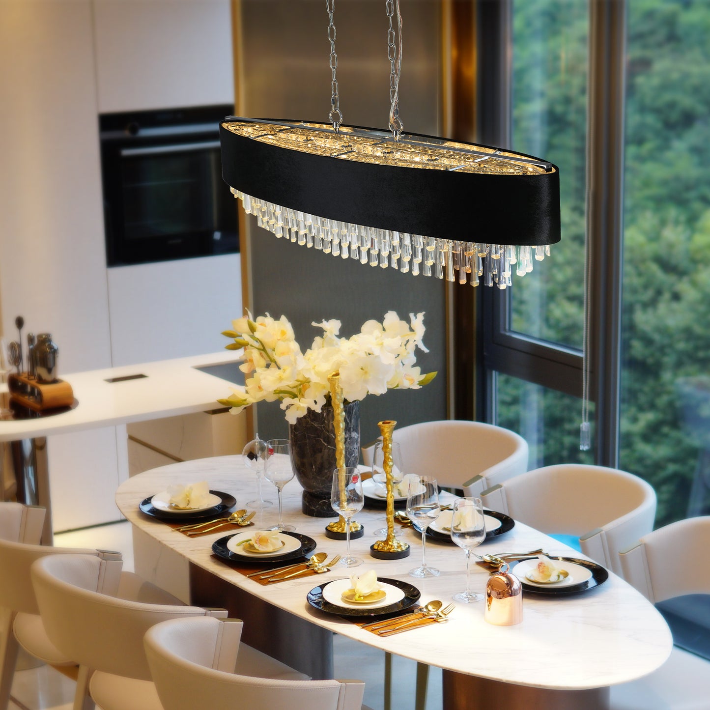 Modern Black Oblong Crystal Chandelier