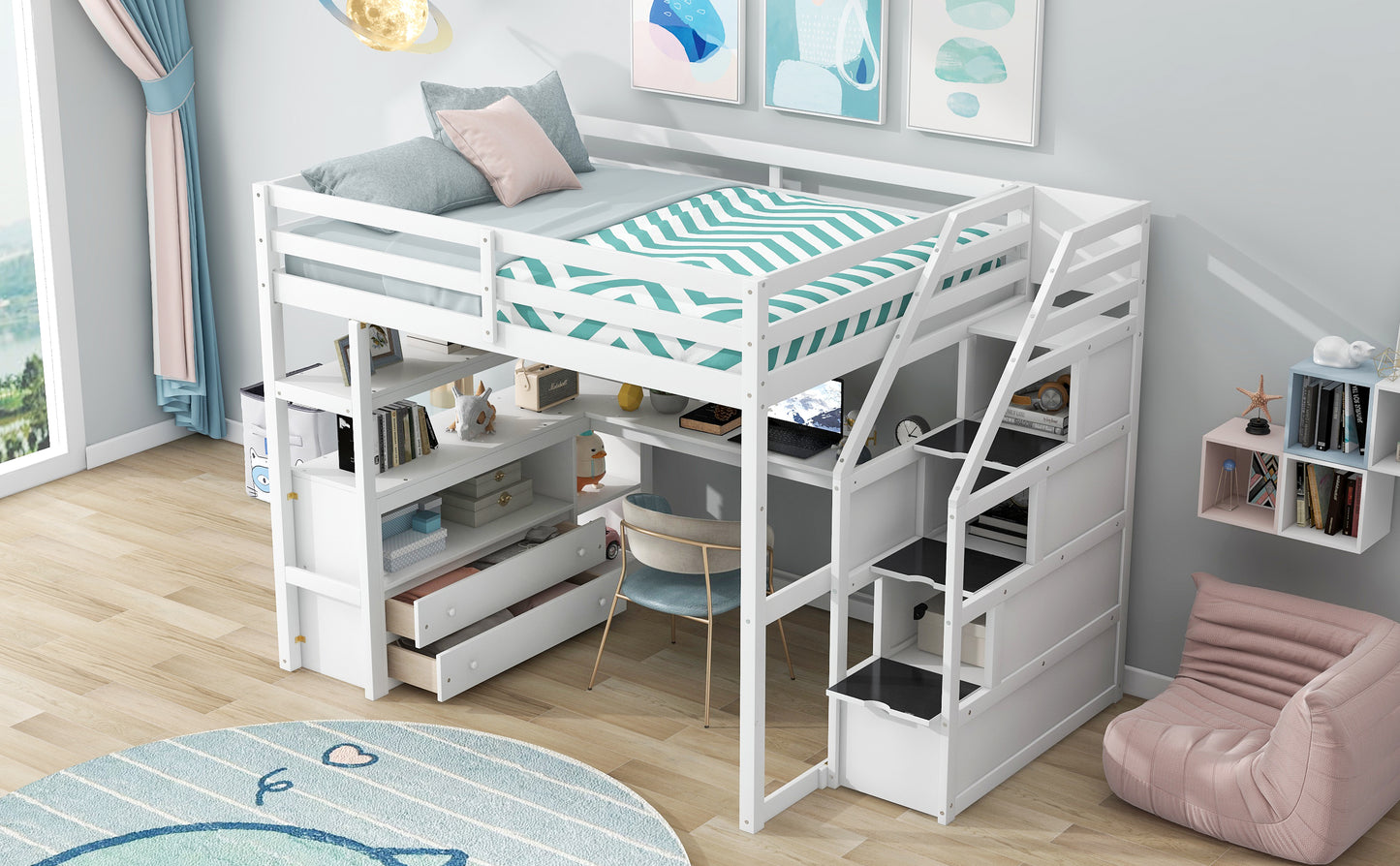 White Full Size Loft Bed with Desk, Shelves, and Built-in Drawers