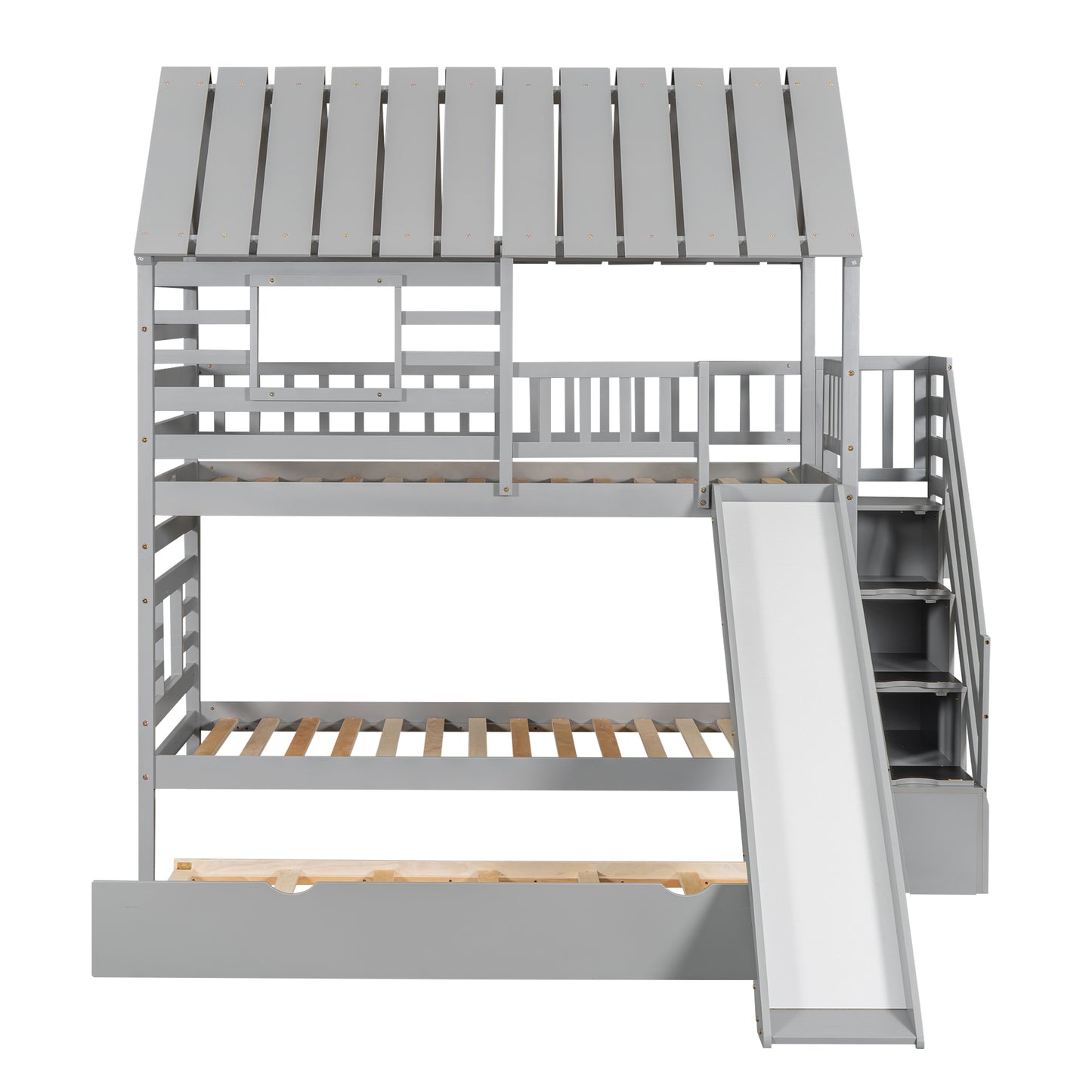 Grey Twin Town House Bunk Bed with Trundle and Slide