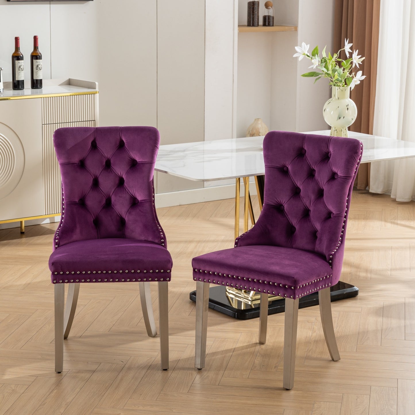 Purple High-End Button Tufted Velvet Dining Chair with Chrome Legs Set of 2