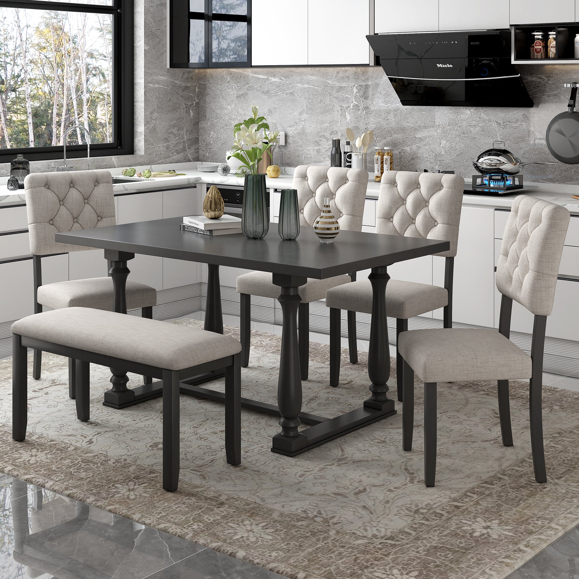 Gray 6-Piece Dining Table and Tufted Beige Chair Set 