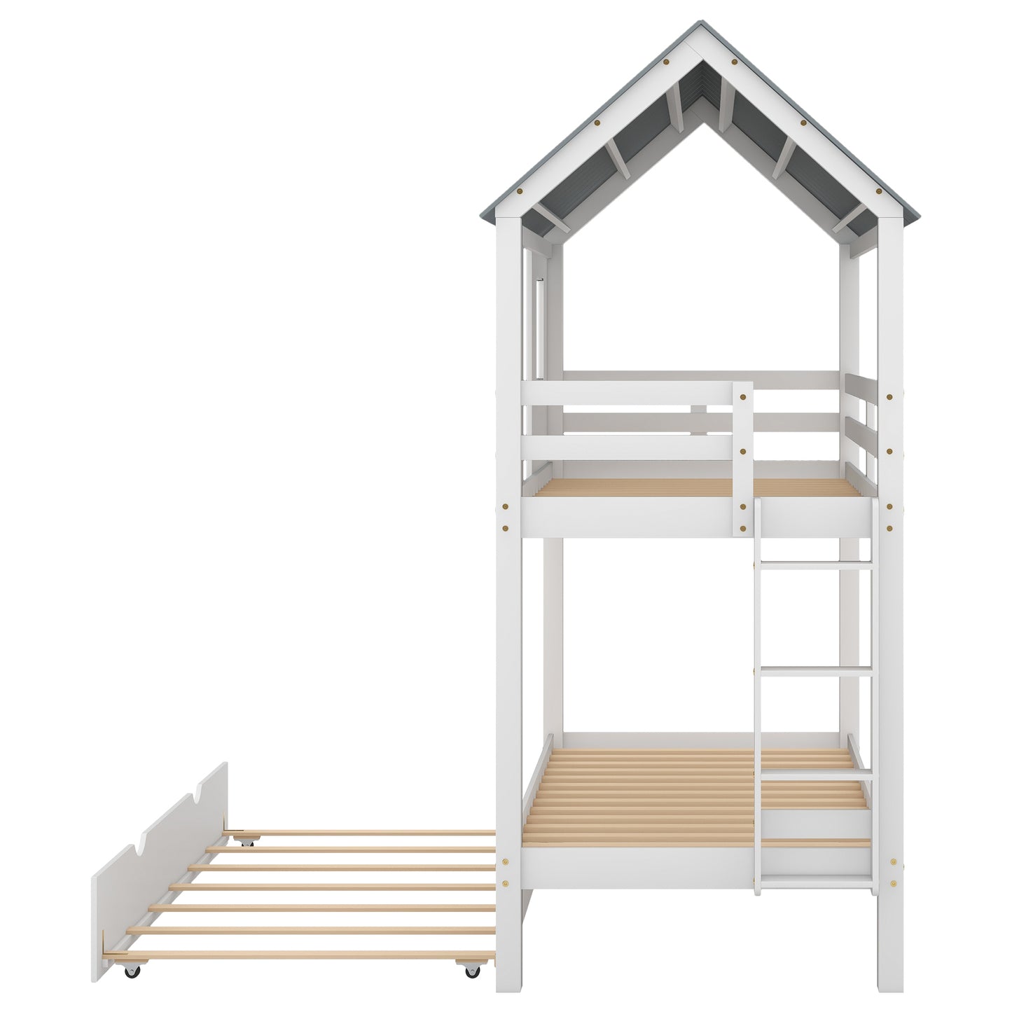 White & Grey House Bunk Bed with Trundle