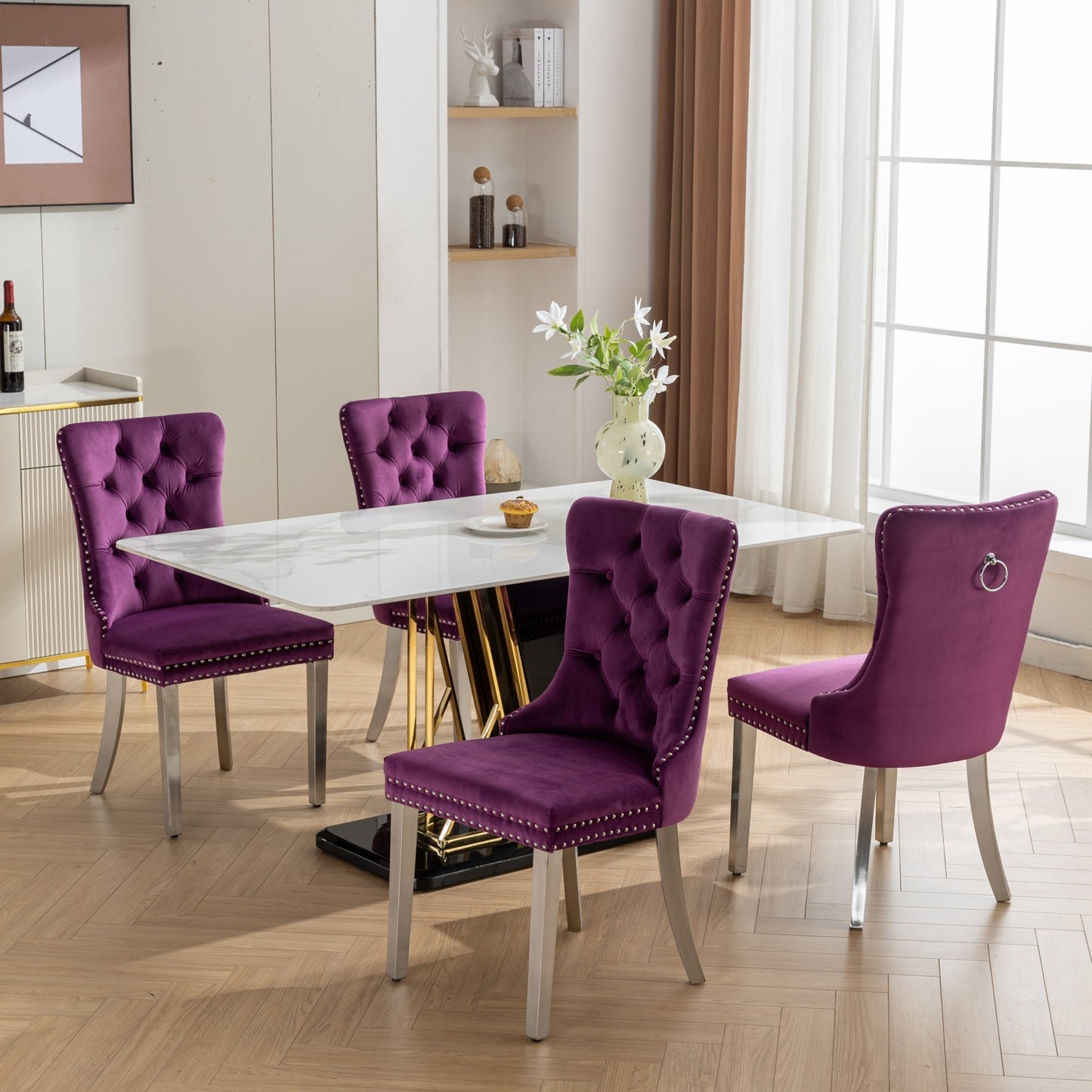 Purple High-End Button Tufted Velvet Dining Chair with Chrome Legs Set of 2