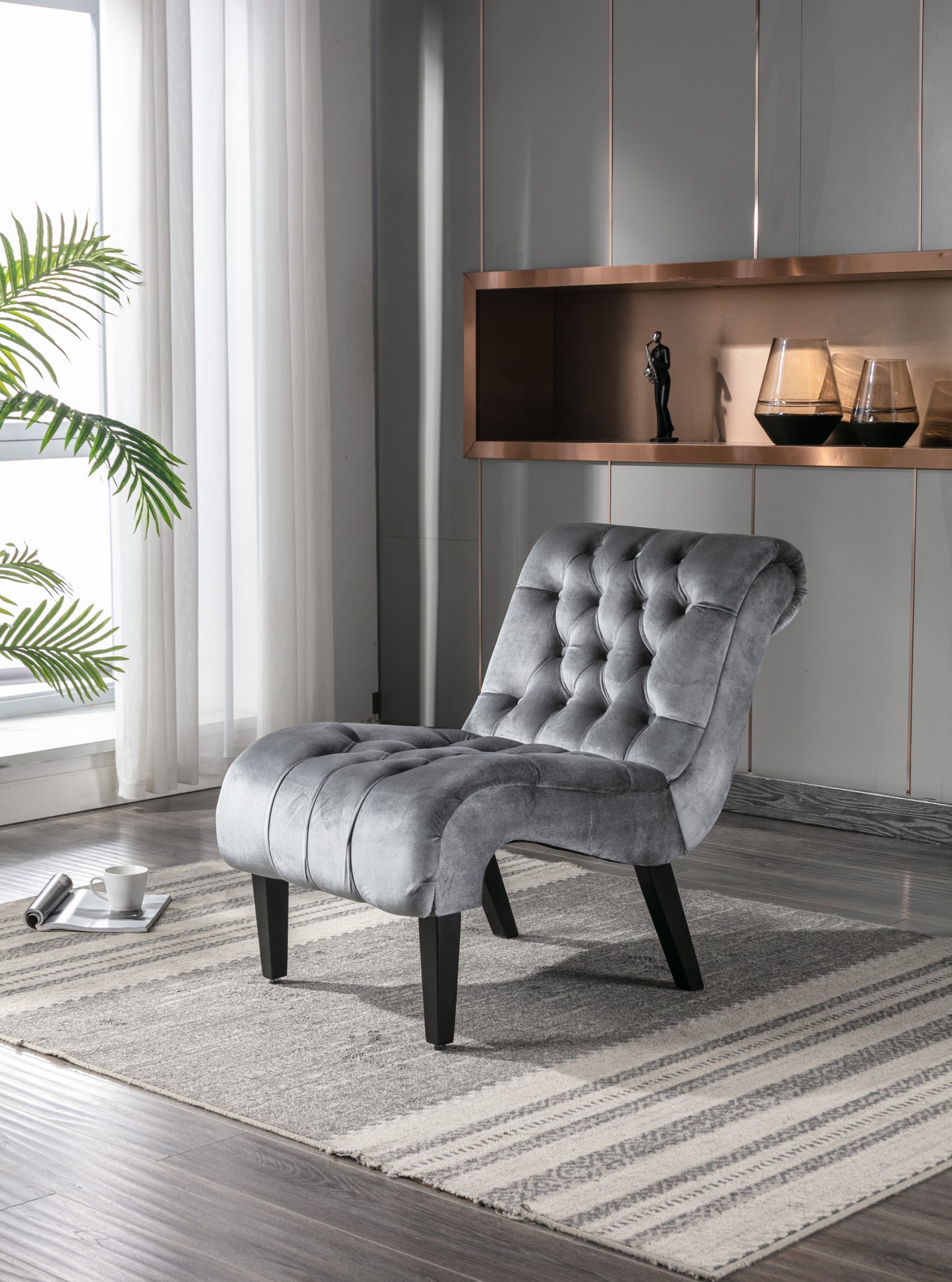 Modern Grey Button Tufted Velvet Armless Recliner