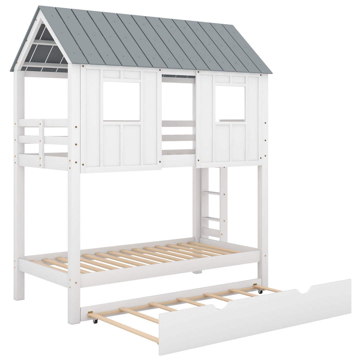 White & Grey House Bunk Bed with Trundle