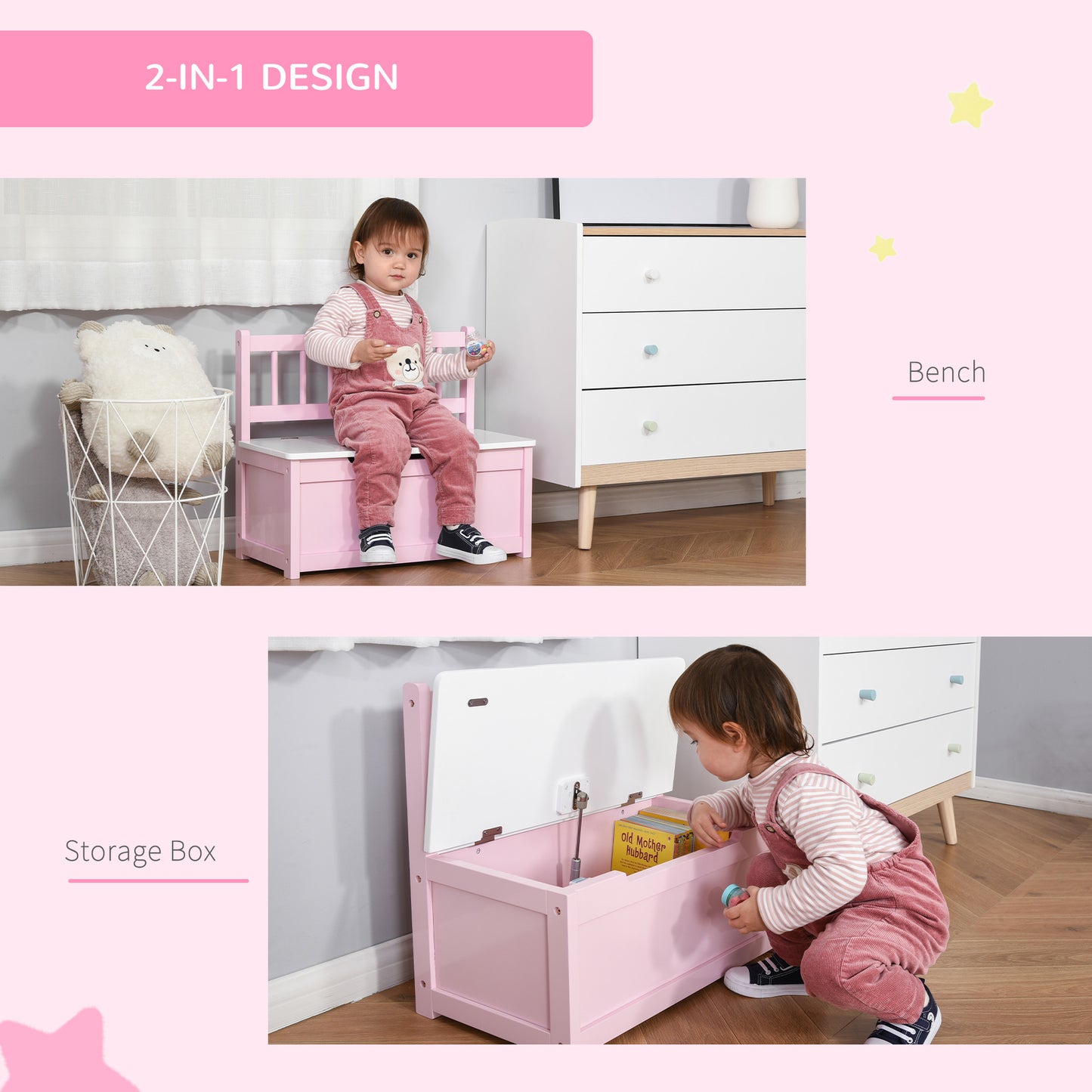 Pink Toddler Toy Box Storage Bench