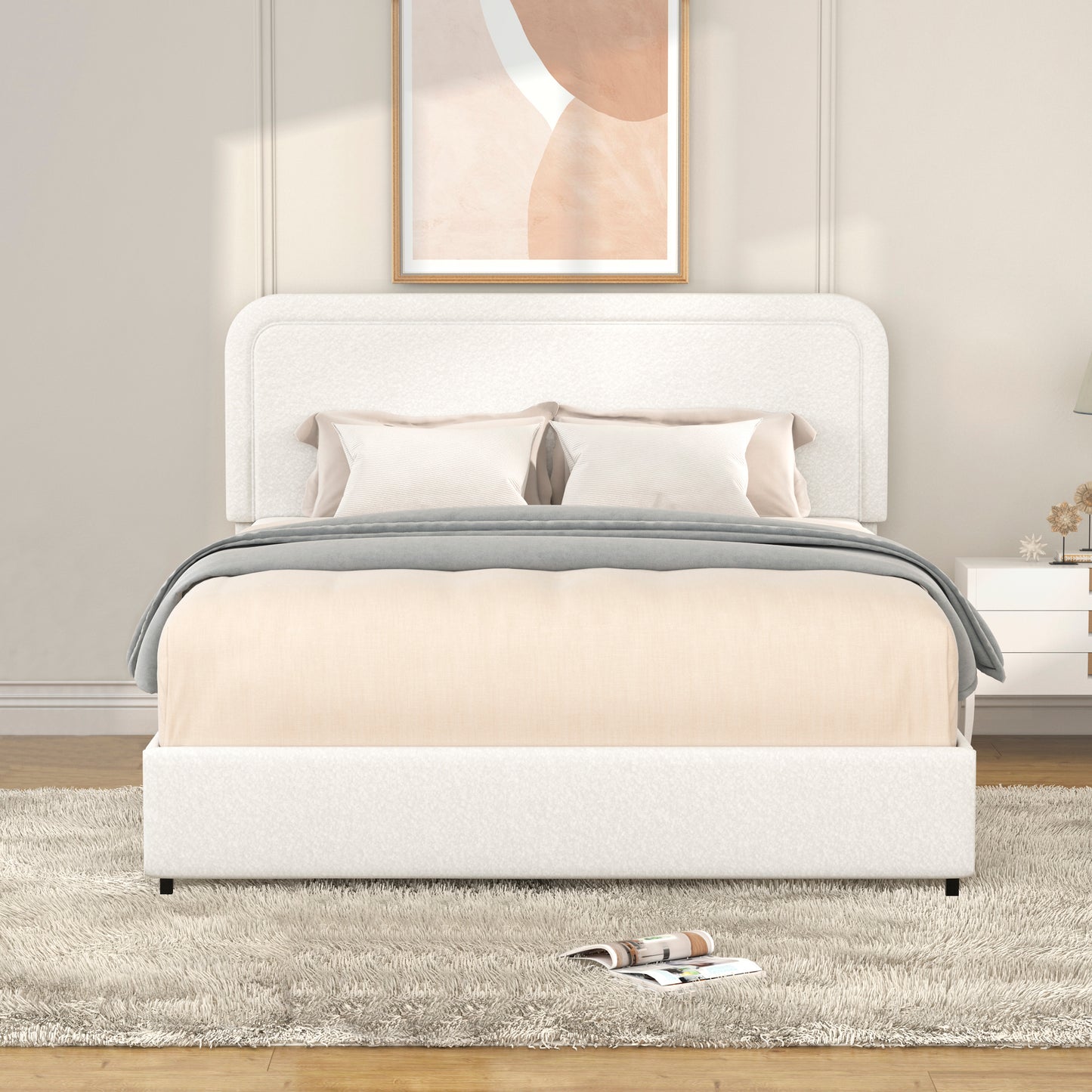 Ivory Boucle Queen Platform Bed with 4 Drawers Storage