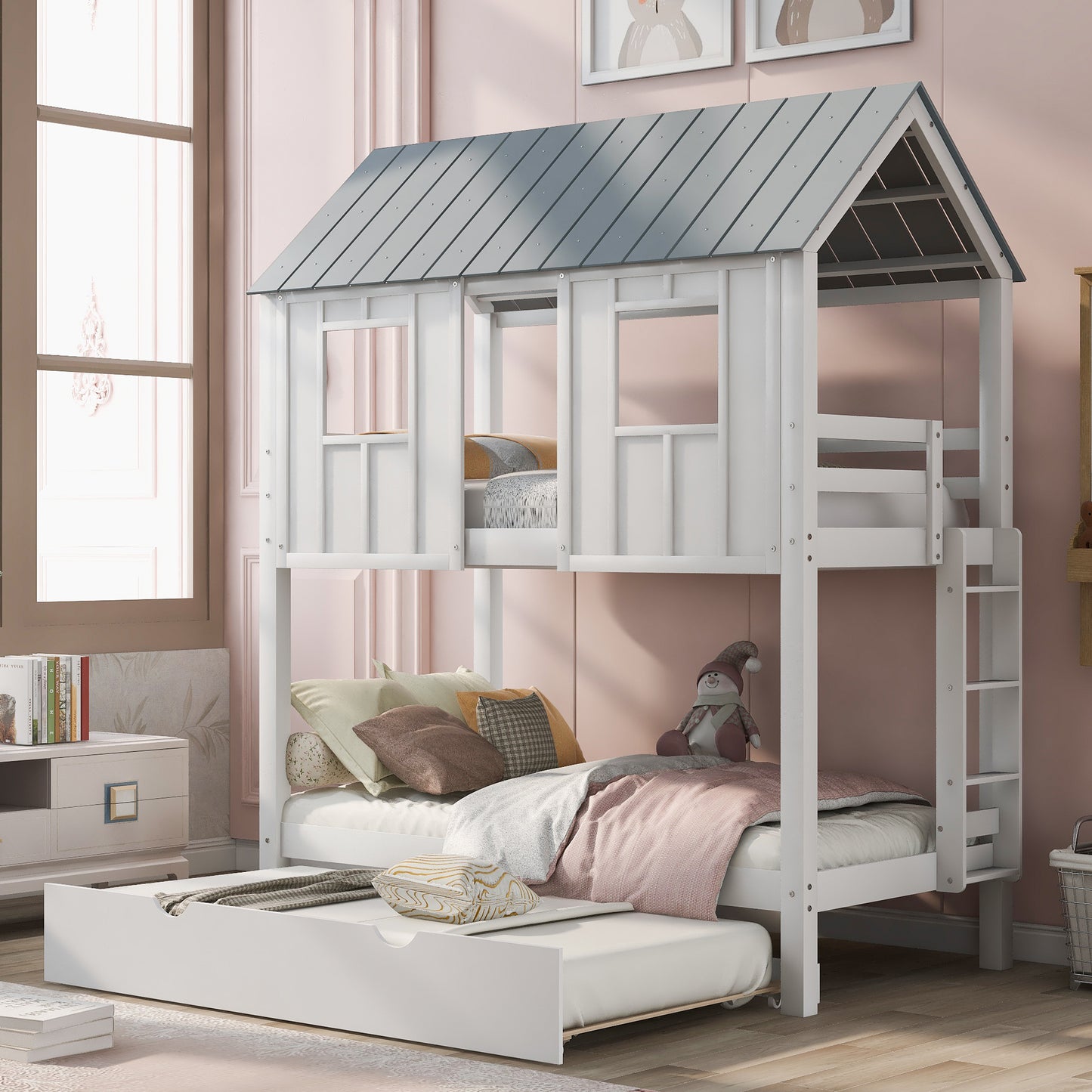 White & Grey House Bunk Bed with Trundle