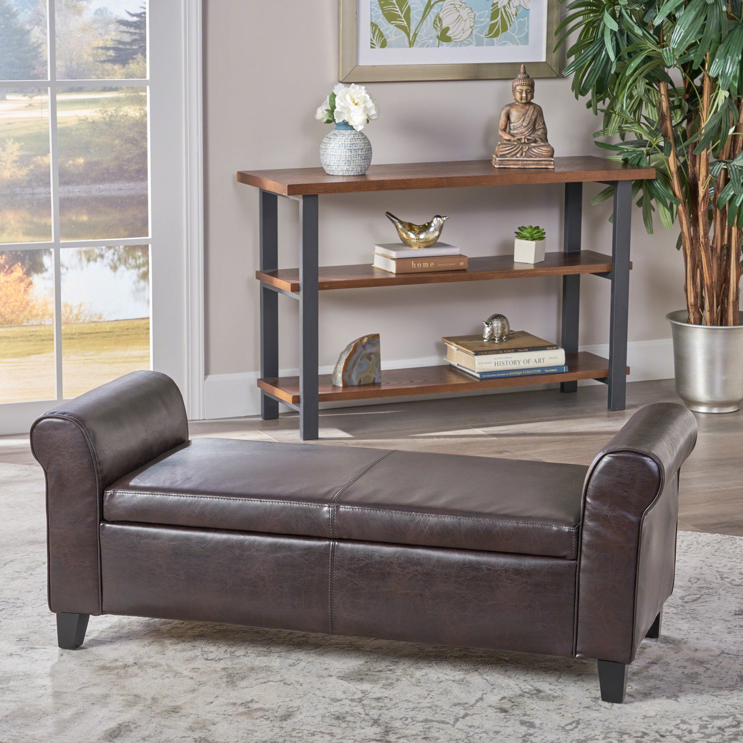 Brown PU Leather Storage Bench