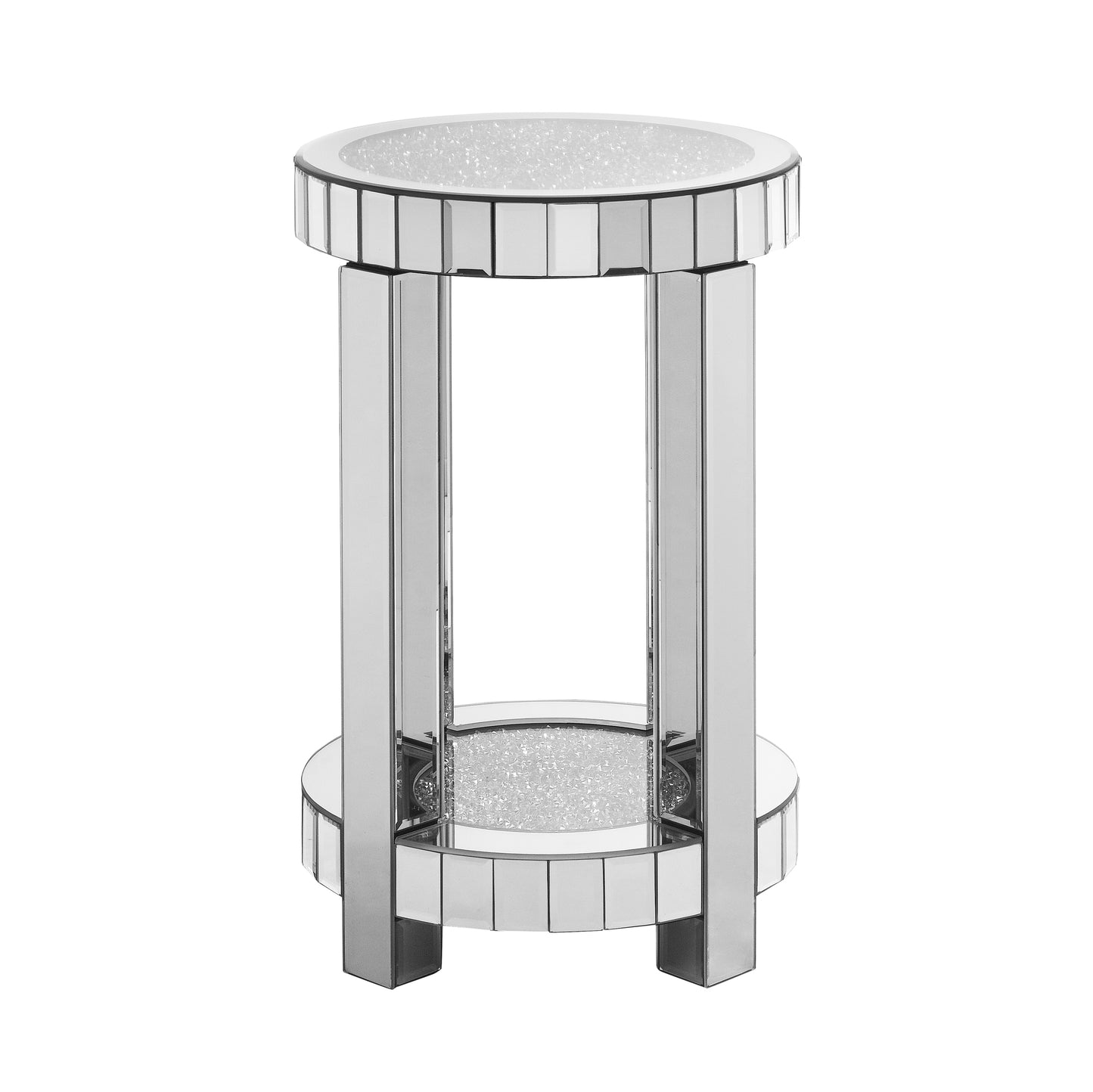 Round Mirrored End Table with Crystal Inlay