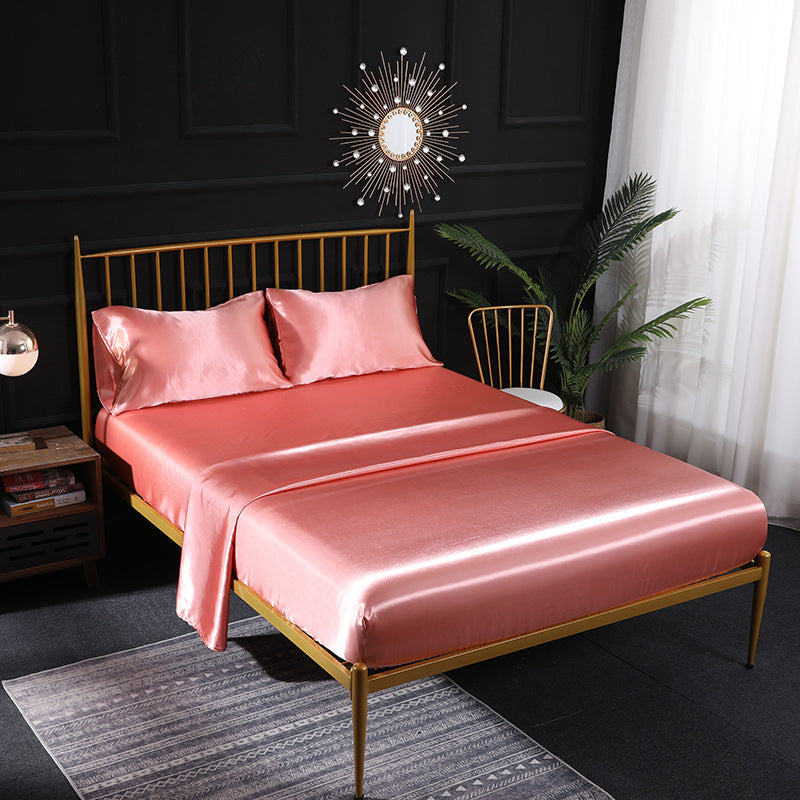 Pink Satin Four Piece Bed Sheet Set