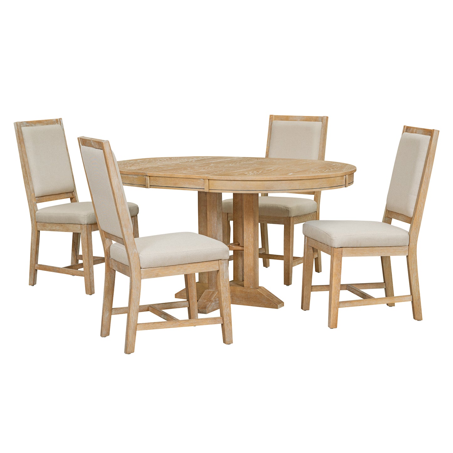 Natural 5-Piece Extendable Round Table and 4 Upholstered Chairs