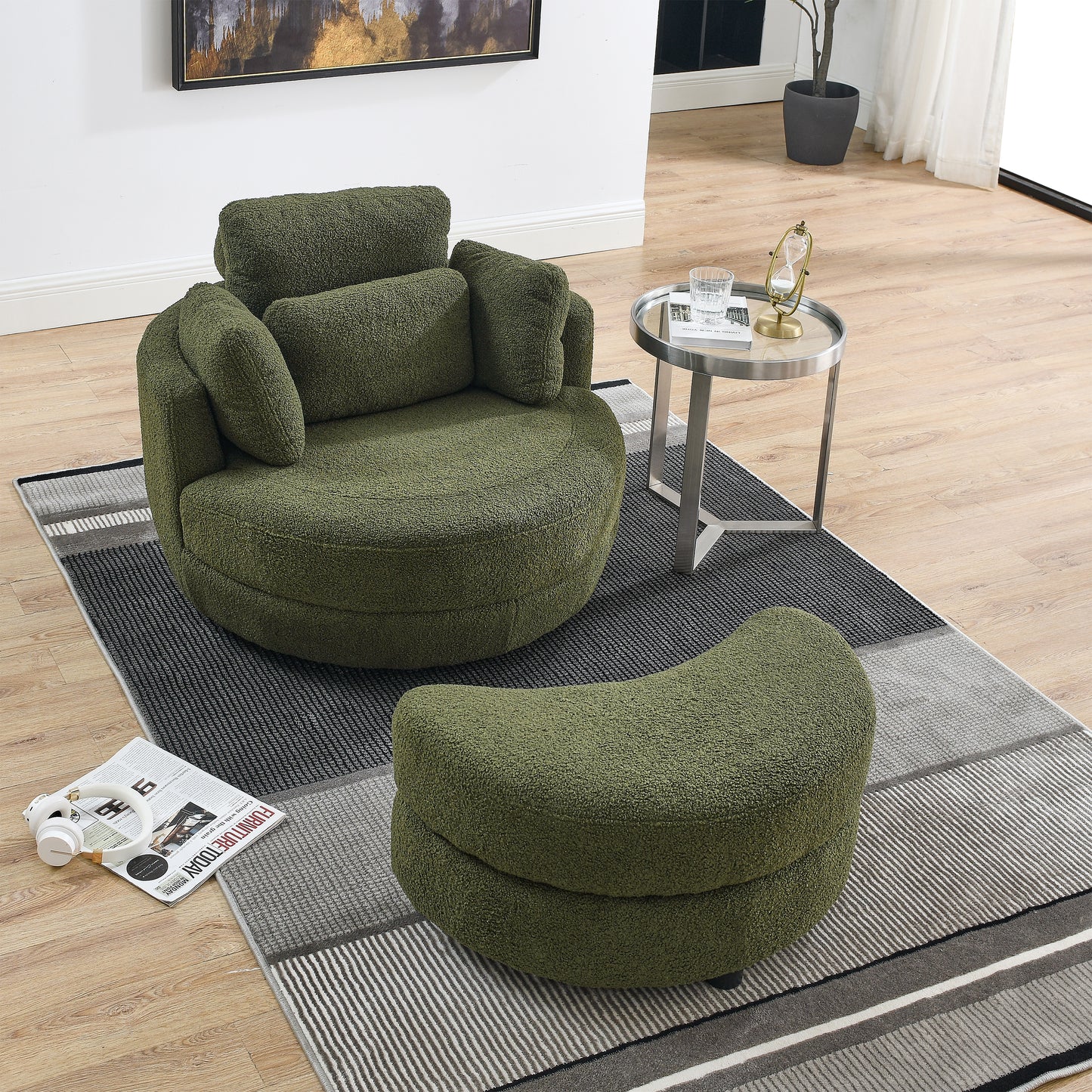 Oversized Round Green Swivel Chair with Wrap Around Storage Ottoman