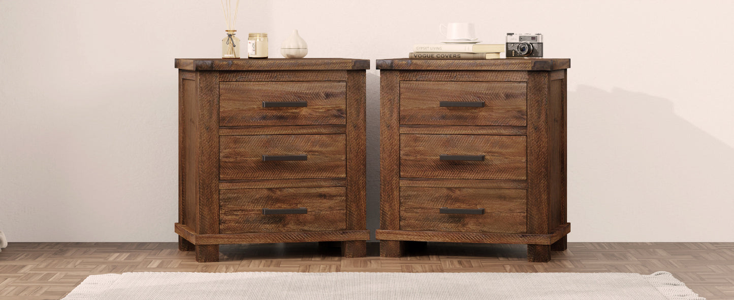 Rustic Three Drawer Reclaimed Solid Wood Farmhouse Nightstand Set of Two