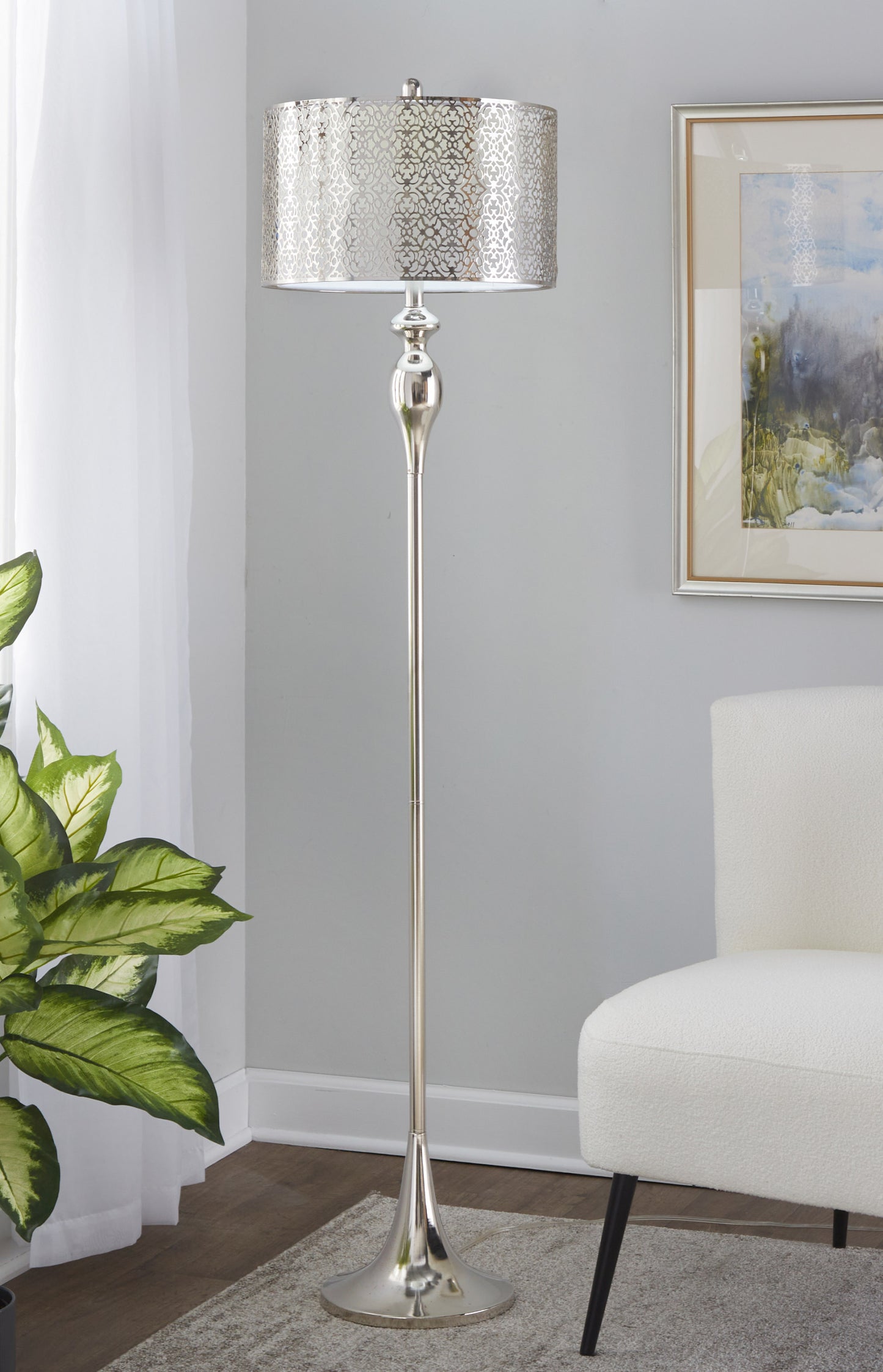 Intricate Laser Cut Metal with White Linen Shade Floor Lamp