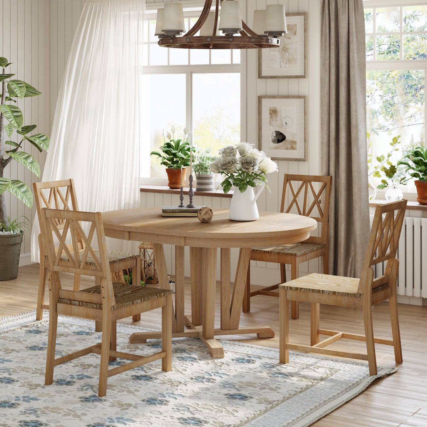 Rustic Natural Rubber Wood 5-Piece Extendable Dining Set