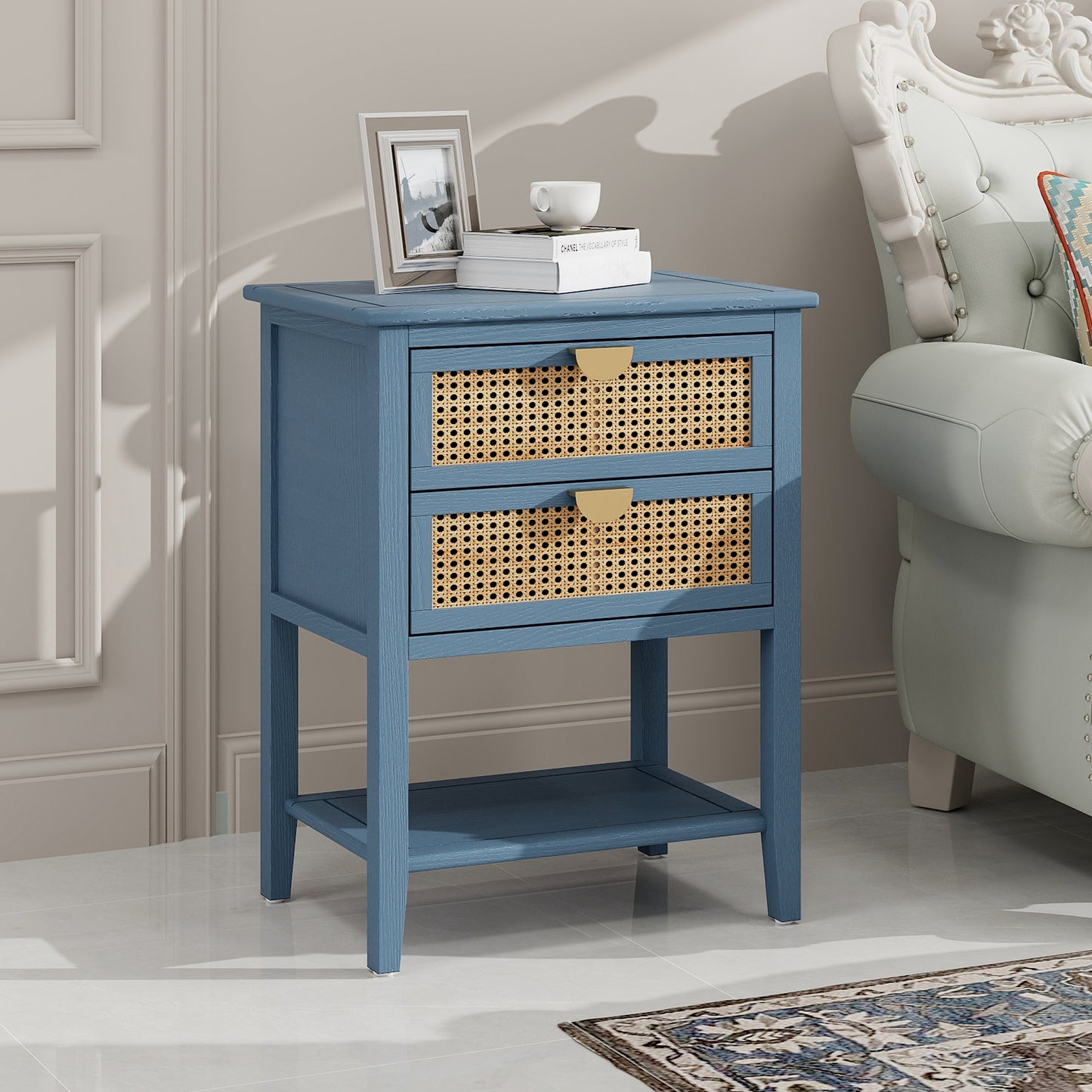 Blue Rattan 2 Drawer Side Table