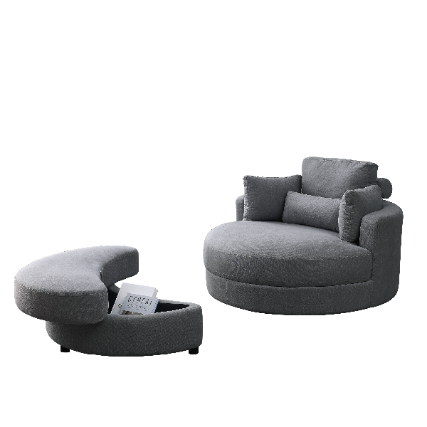 Grey Linen Swivel Accent Barrel Chairs with Storage Ottomans