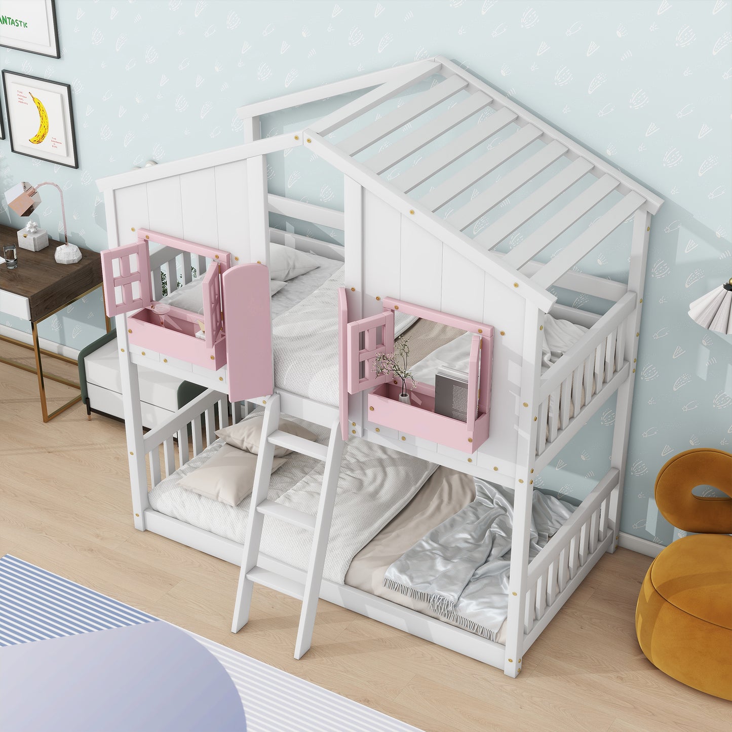 Sweet White and Pink Twin Play House Bunk Bed