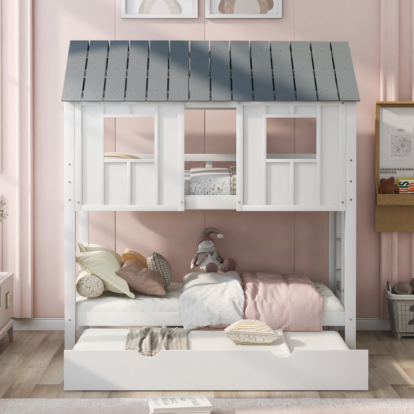 White & Grey House Bunk Bed with Trundle