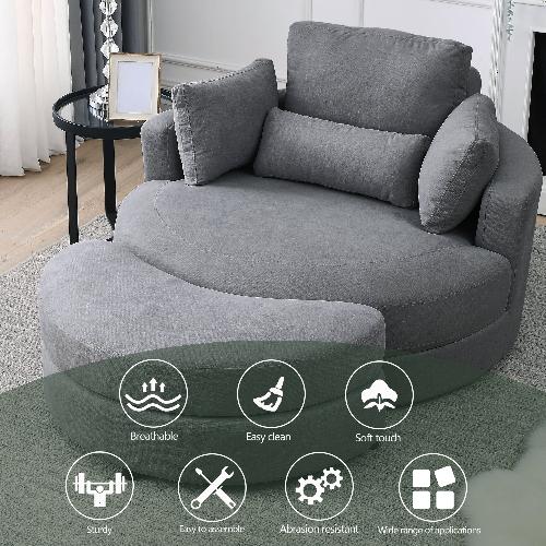 Grey Linen Swivel Accent Barrel Chairs with Storage Ottomans