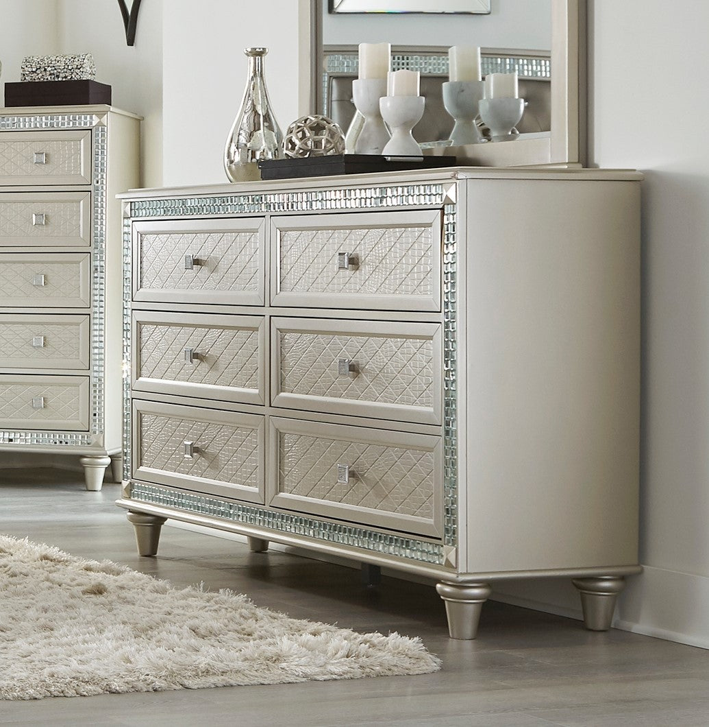 Luxury Champagne Diamond Pattern 6 Drawer Wide Dresser