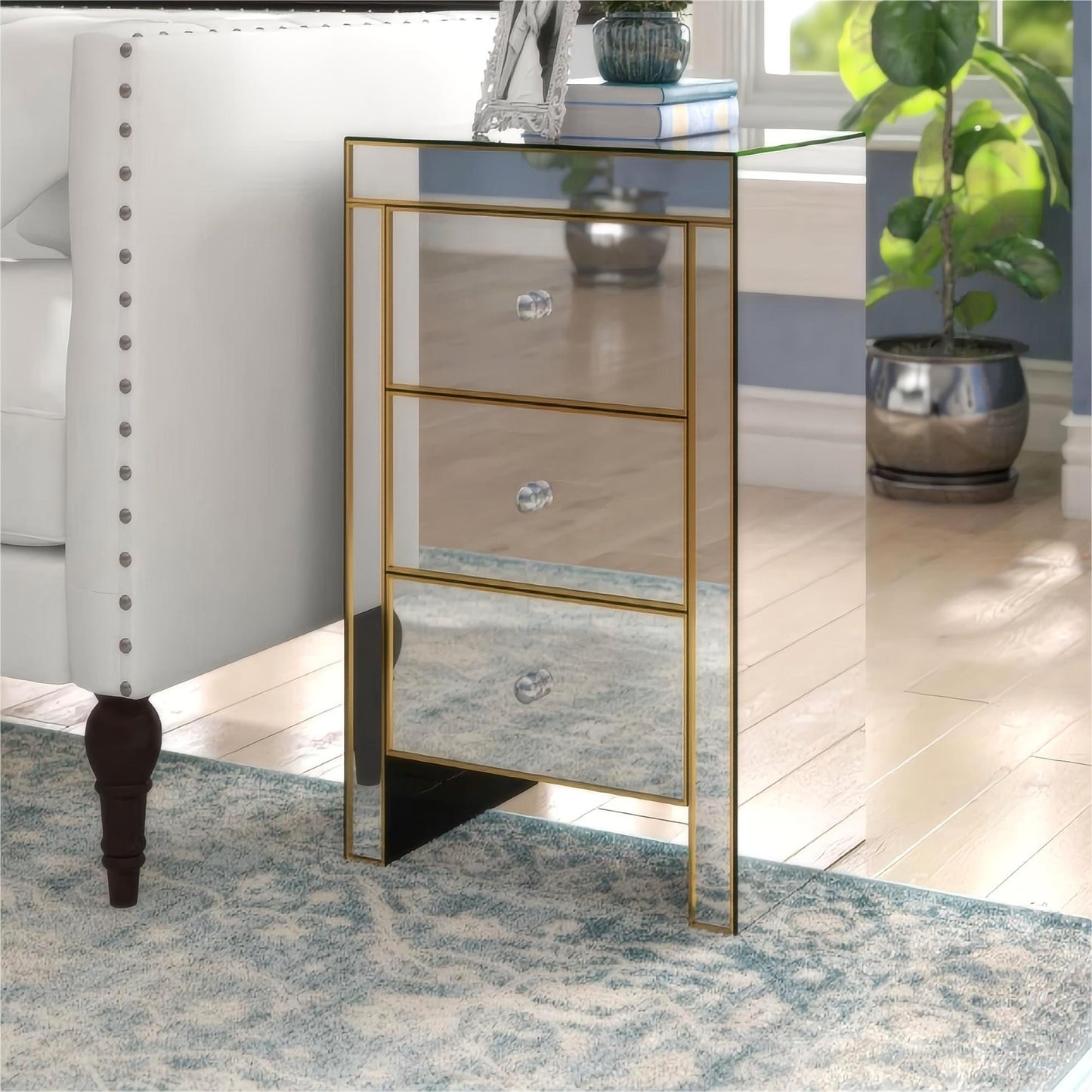 Elegant Mirrored Gold Edge with 3 Drawer Night Stand