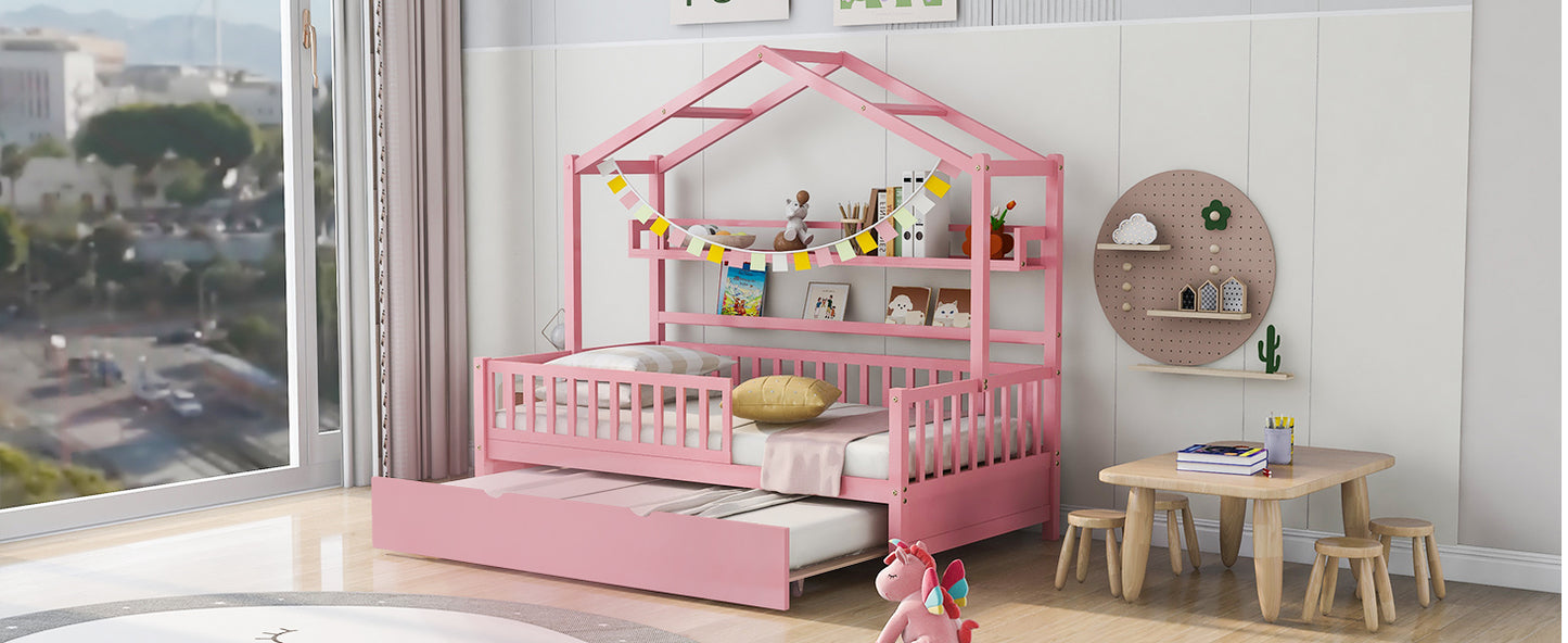 Pink Wooden Twin Size House Bed