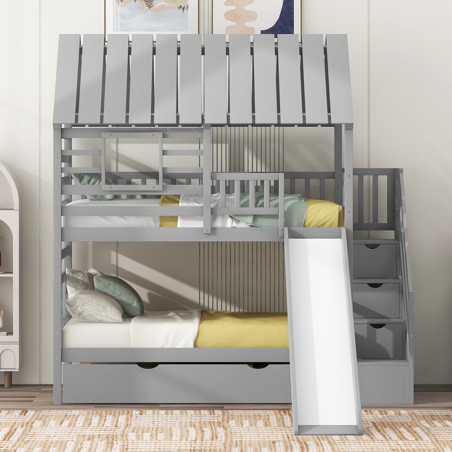 Grey Twin Town House Bunk Bed with Trundle and Slide