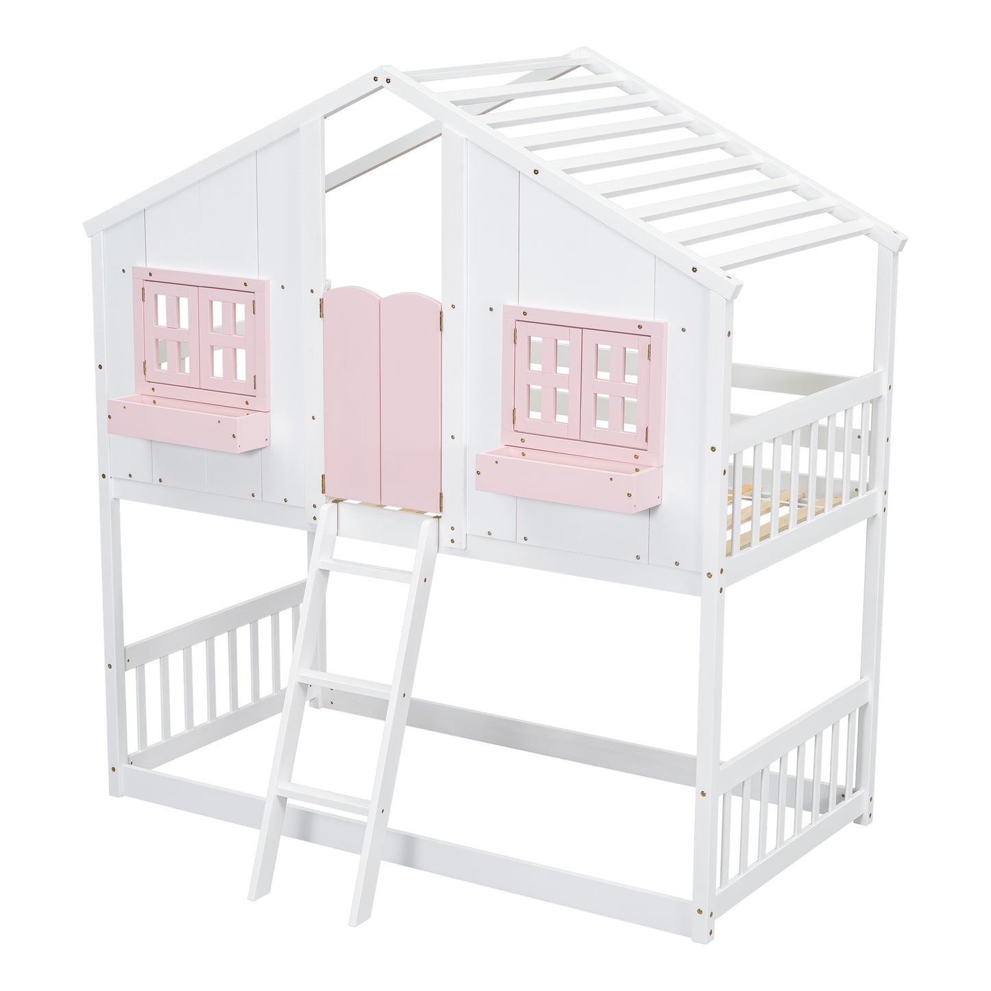 Sweet White and Pink Twin Play House Bunk Bed