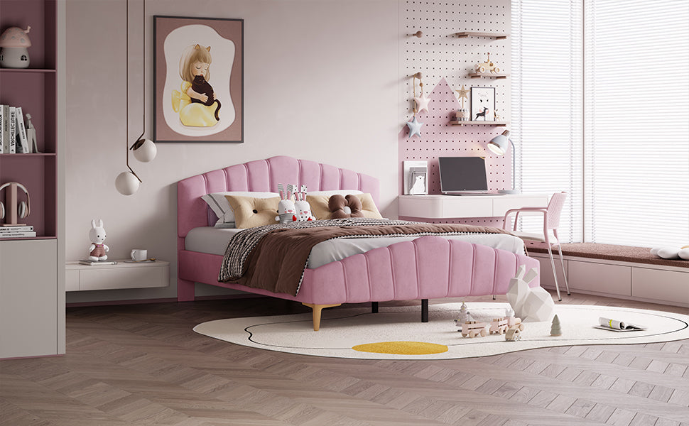 Queen Size Pink Velvet Platform Bed