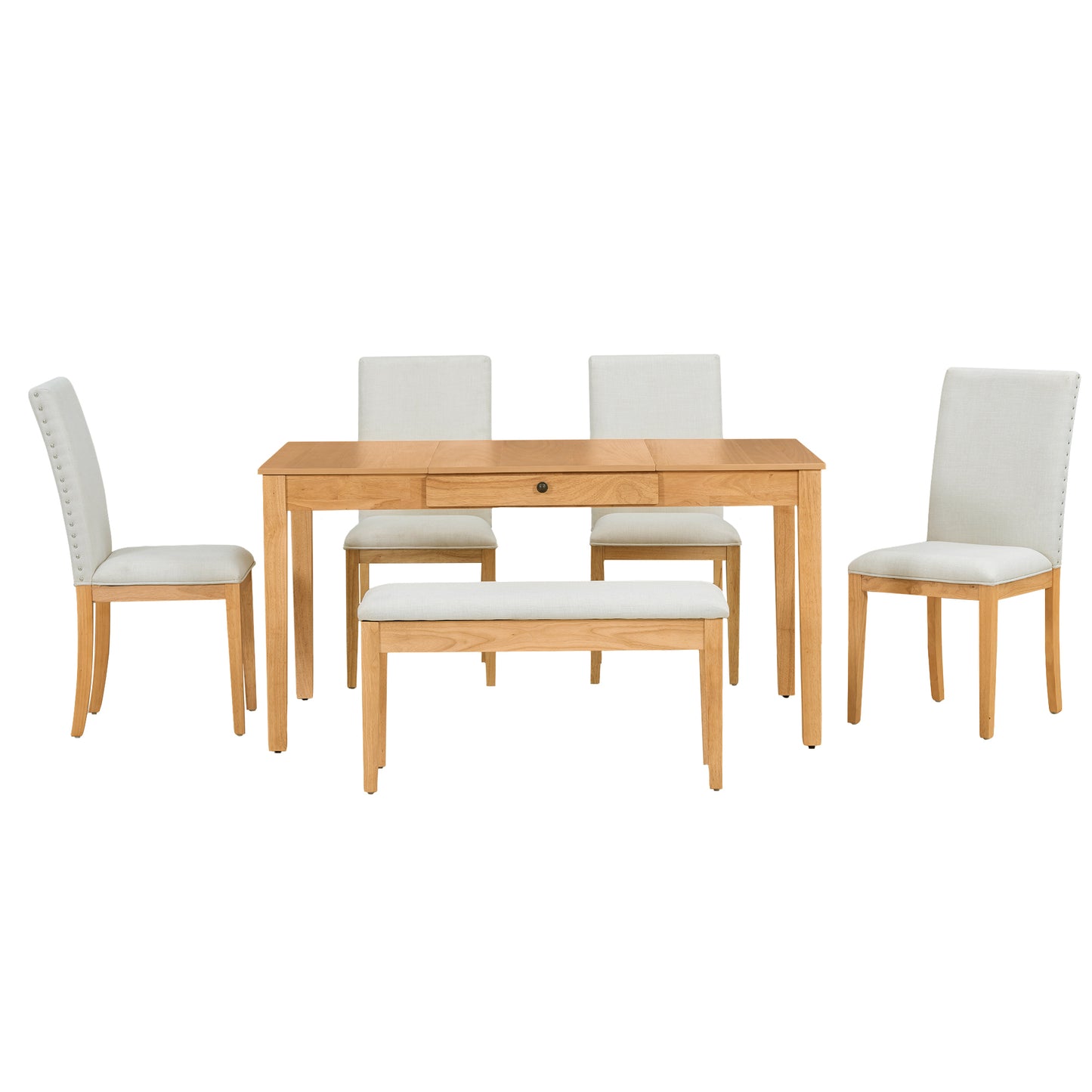 Natural Rubberwood 6-Piece Dining Table Set with Storage